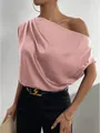Elegant pink satin off-shoulder sleeveless blouse for chic women's spring fashion style - Peach