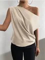 Elegant beige satin asymmetrical one-shoulder sleeveless blouse for women. - Milky White