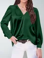 Elegante camicia in raso verde scuro con scollo a V e maniche lunghe da ufficio - Taglia S / Top / Verde