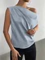 Elegant light blue satin sleeveless one-shoulder blouse with asymmetrical neckline for women - Light Blue