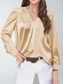 Elegante camicetta di raso oro champagne con scollo a V da donna, vestibilità ampia e casual. - Taglia S / Top / Albicocca