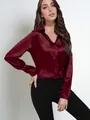Elegant burgundy satin long-sleeve shirt for women, professional commuter style blouse - S / Tops / Dark Red