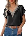 Elegantes schwarzes Satin-T-Shirt mit V-Ausschnitt und beiger Spitze für Damen Mode - Schwarz