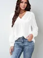 Elegante camicetta in raso bianco con scollo a V e maniche lunghe per ufficio - Bianco