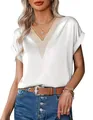 Elegantes weißes Satin-T-Shirt mit V-Ausschnitt und Spitze, Kurzarm-Top für Damen - S / Oberteile / Weiß