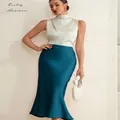 Elegant dark teal satin mermaid midi skirt with a slim fit for a sophisticated look - S / Bottoms / Navy Blue