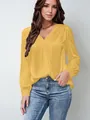 Elegante camicetta in raso giallo con scollo a V e maniche a pieghe per l'ufficio - Giallo