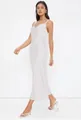 Elegant full-length white satin slip dress with a cowl neck on a professional model - White