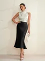Elegant black satin midi fishtail skirt for women featuring a sleek fitted silhouette - S / Bottoms / Black