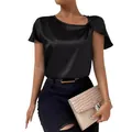 Elegant black satin short sleeve blouse with twist shoulder detail for women's summer wear - S / Tops / Black