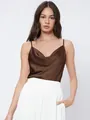 Satin brown camisole with sexy cowl neck for elegant inner suit wear - S / Tops / Dark Brown
