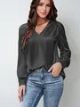 Camicetta casual in raso nero con scollo a V, maniche lunghe e pieghe eleganti - Grigio scuro