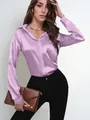 Elegant lavender satin long-sleeved shirt with single button design for women's office wear - Light Purple