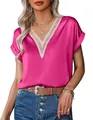 Elegante fuchsiafarbene Satinbluse mit Spitzen-V-Ausschnitt und kurzem Arm Top - Fuchsia