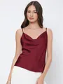 Elegant burgundy satin cowl neck camisole top for women featuring spaghetti straps - S / Tops / Burgundy