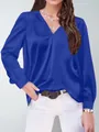 Elegante camicetta in raso blu reale a maniche lunghe con scollo a V da donna - Blu zaffiro