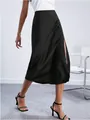 Elegant black high-waisted satin midi skirt featuring a sophisticated side slit detail - XS / Bottoms / Black