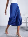 Elegant high-waisted royal blue satin midi skirt with a sexy side slit for women - XS / Bottoms / Blue