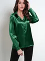 Elegant deep green satin long-sleeve shirt with single button for women - Dark Green