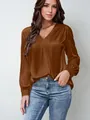 Elegante camicetta in raso marrone con scollo a V e maniche lunghe da donna vestibilità comoda - Marrone scuro