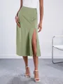 Sage green satin high waist midi skirt with front slit for women - XS / Bottoms / Yellow-Green