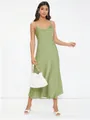 Elegant sage green satin cowl neck midi slip dress with thin straps for summer wear - XS / Tops / Yellow-Green