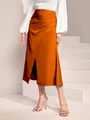 High-waisted orange satin midi skirt featuring elegant pleats and a front slit for women - S / Bottoms / Orange
