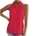 Camicia in raso rosso senza maniche da donna in stile casual a tinta unita - Rosso