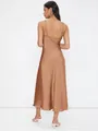 Back view of an elegant bronze satin midi slip dress featuring delicate thin straps - Khaki