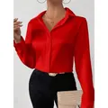 Elegant women's red satin long sleeve blouse featuring a classic button-down collar - XS / Tops / Red