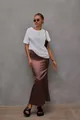 Brown satin fishtail maxi skirt paired with a white t-shirt for a chic summer look - Coffee