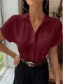 Elegant burgundy satin V-neck short sleeve shirt for women with button detail - XS / Tops / Burgundy