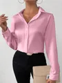 Elegant pink satin long sleeve blouse for women with a silky faux silk finish and collar - XS / Tops / Pink