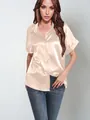 Champagne short-sleeved satin button-down shirt with a loose casual fit - S / Tops / Champagne