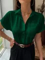 Elegant dark green satin V-neck short sleeve button-up shirt for a stylish look - XS / Tops / Green