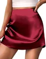 Eleganter weinroter Satin-Minirock mit hoher Taille und A-Linie für Damen in Seidenglanz - Burgunderrot