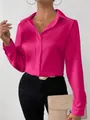 Elegant hot pink long sleeve satin shirt for women with a smooth silk-like finish - Rose Red