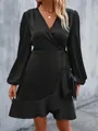 Elegant black satin V-neck wrap dress featuring a ruffled hem and lantern long sleeves - S / Bottoms / Black