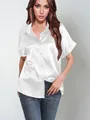Elegant white satin short-sleeve button-down shirt for women in a casual loose fit - S / Tops / White