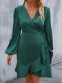 Elegant dark green V-neck satin wrap dress with long sleeves and ruffled hem for women - S / Bottoms / Dark Green