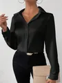 Elegant black satin long-sleeved button-up shirt with a silky finish for women - XS / Tops / Black