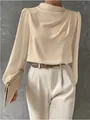 Elegant cream beige pleated satin long sleeve blouse for women office professional wear - M / Tops / Off White