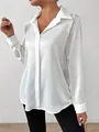 Elegant white long-sleeve satin shirt for women with silky finish and button-up front - White
