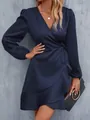 Elegant navy blue satin wrap dress with V-neck and long sleeves, stylish SKU variant - S / Bottoms / Navy Blue