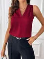 Elegant burgundy sleeveless satin V-neck blouse for women in a loose fit - Burgundy