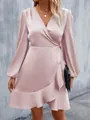 Elegant mauve V-neck satin wrap dress with long puff sleeves and a feminine ruffle hem. - Pink