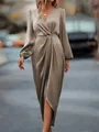 Detail of elegant taupe satin maxi dress with twist waist and lantern sleeves. - XS / Satin Irregular Slit Long Sleeve Dress / Khaki