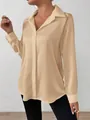 Champagne long-sleeved satin blouse with a silky finish and classic turn-down collar. - Champagne