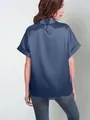 Back view of navy blue satin short sleeve shirt for women, loose casual and elegant style - Navy Blue
