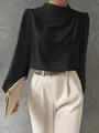 Elegant black satin pleated blouse with long lantern sleeves for professional look - S / Tops / Black